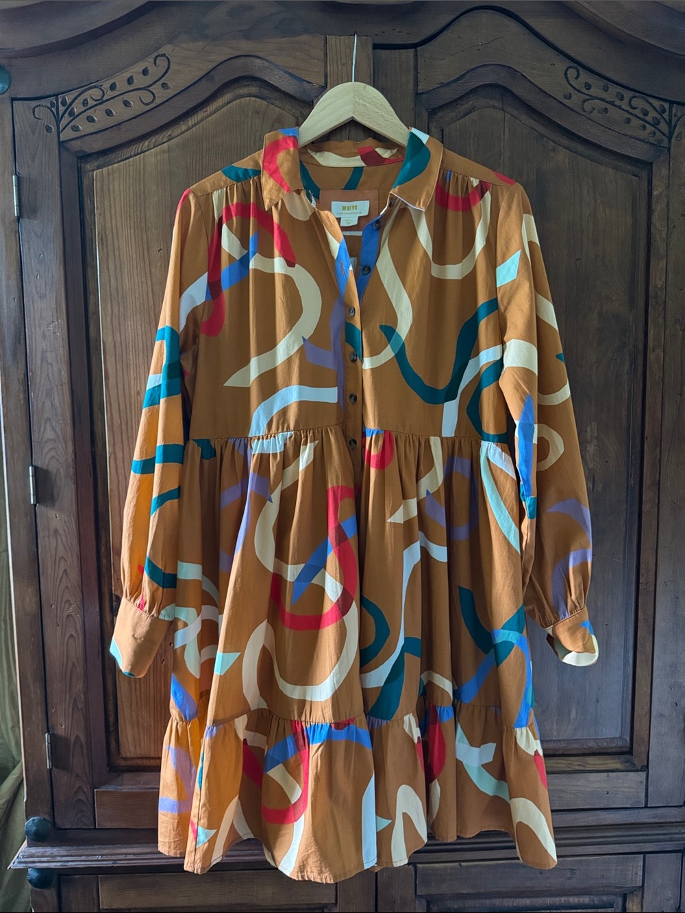 EUC MAEVE ANTHROPOLOGIE LONG SLEEVE ORANGE ABSTRACT LINE PRINT MINI DRESS SIZE S